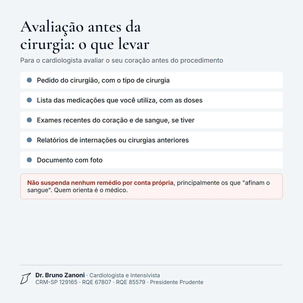 O que levar na avaliação cardiológica antes da cirurgia: pedido do cirurgião, lista de medicações, exames e documento