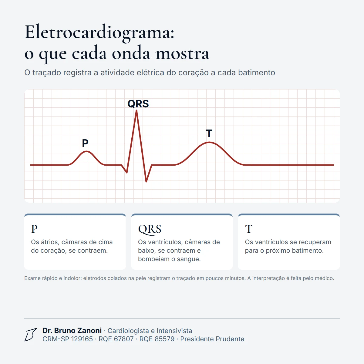 Traçado de eletrocardiograma com as ondas P, QRS e T identificadas e a explicação do que cada uma representa
