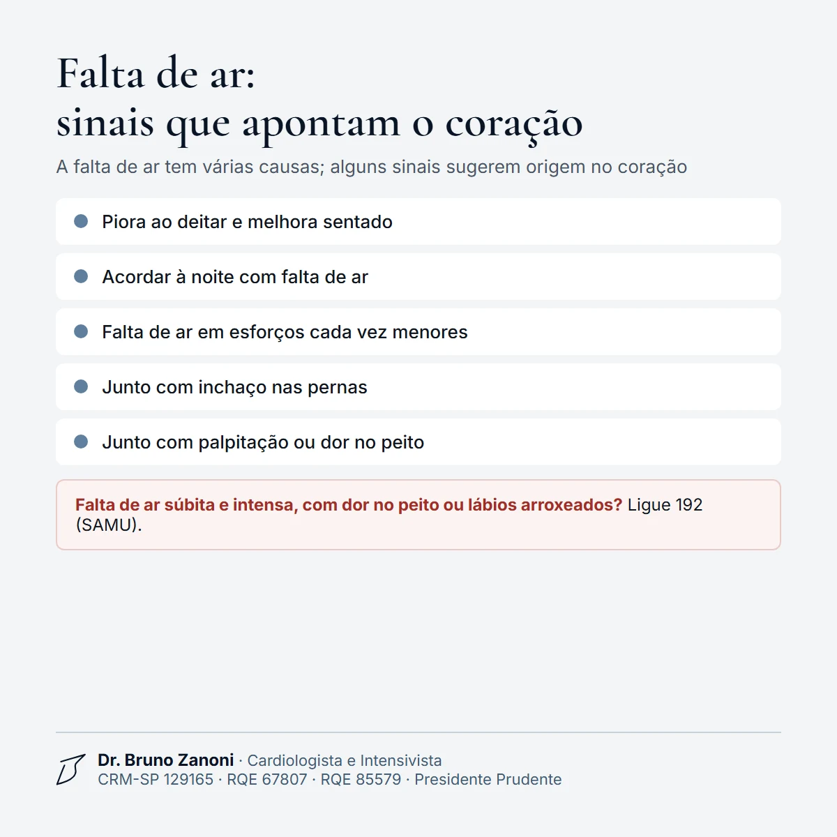 Sinais de que a falta de ar pode vir do coração: piora ao deitar, acordar à noite sem ar, falta de ar em esforços menores e inchaço nas pernas