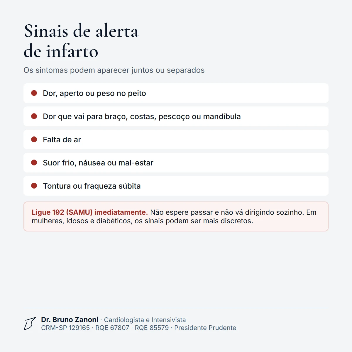 Sinais de alerta de infarto: dor ou aperto no peito, dor que irradia para braço, costas ou mandíbula, falta de ar, suor frio e náusea. Ligue 192